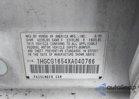 1999 Honda Accord Ex V6 from USA, damaged, VIN 1HGCG1654XA040766